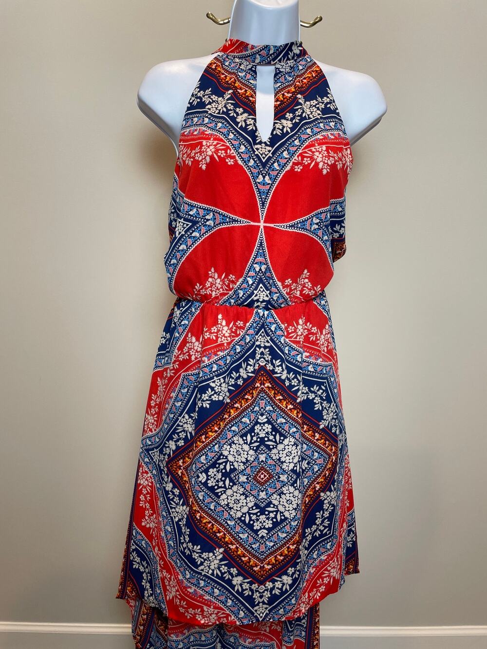AS U WISH High Low Halter Dress Size L Orange Blue Boho